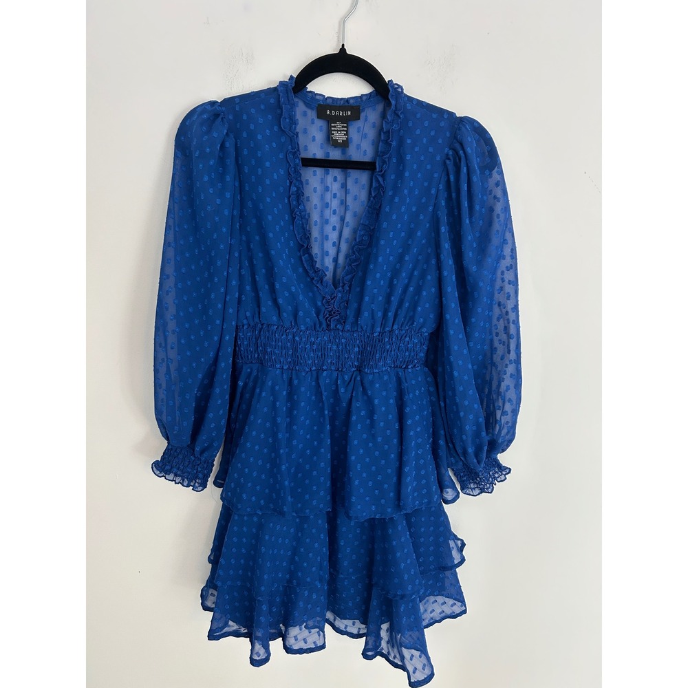 B. Darlin Royal Blue Swiss Dot Ruffle Mini Dress Smocked Waist 1/2 Baby Doll